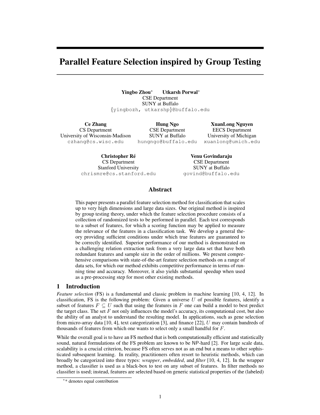 Parallel Feature Selection Inspired by Group Testing