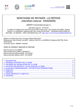 MONTAGNE DE REYNIER - LE DÉFENS (Identifiant National : 930020009)