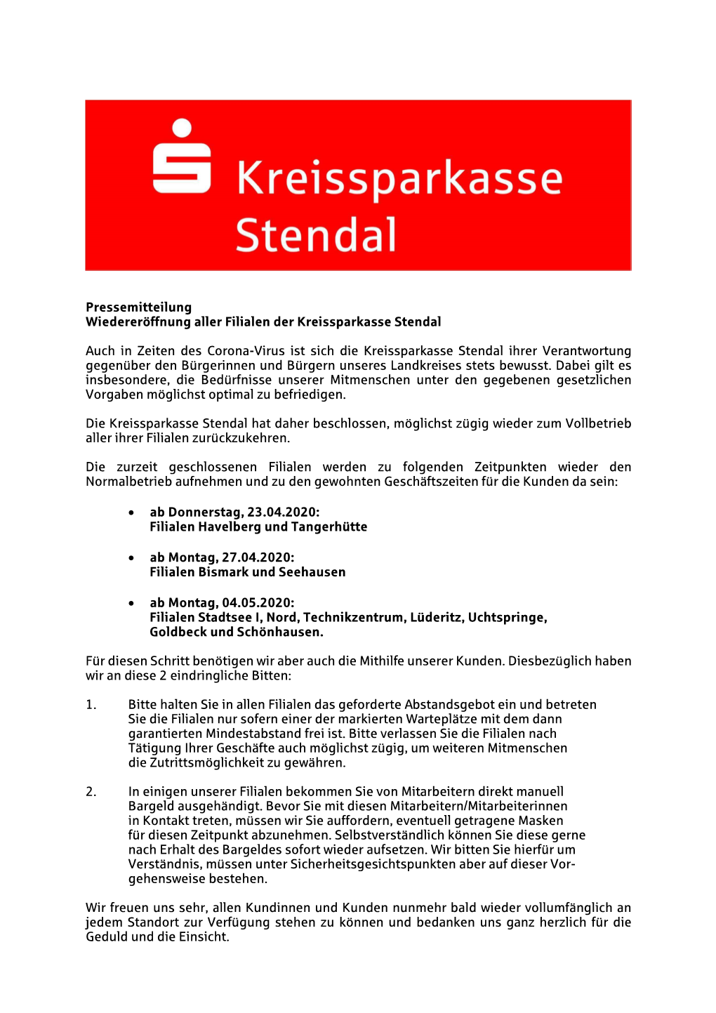 Pressemitteilung Wiedereröffnung Aller Filialen Der Kreissparkasse Stendal