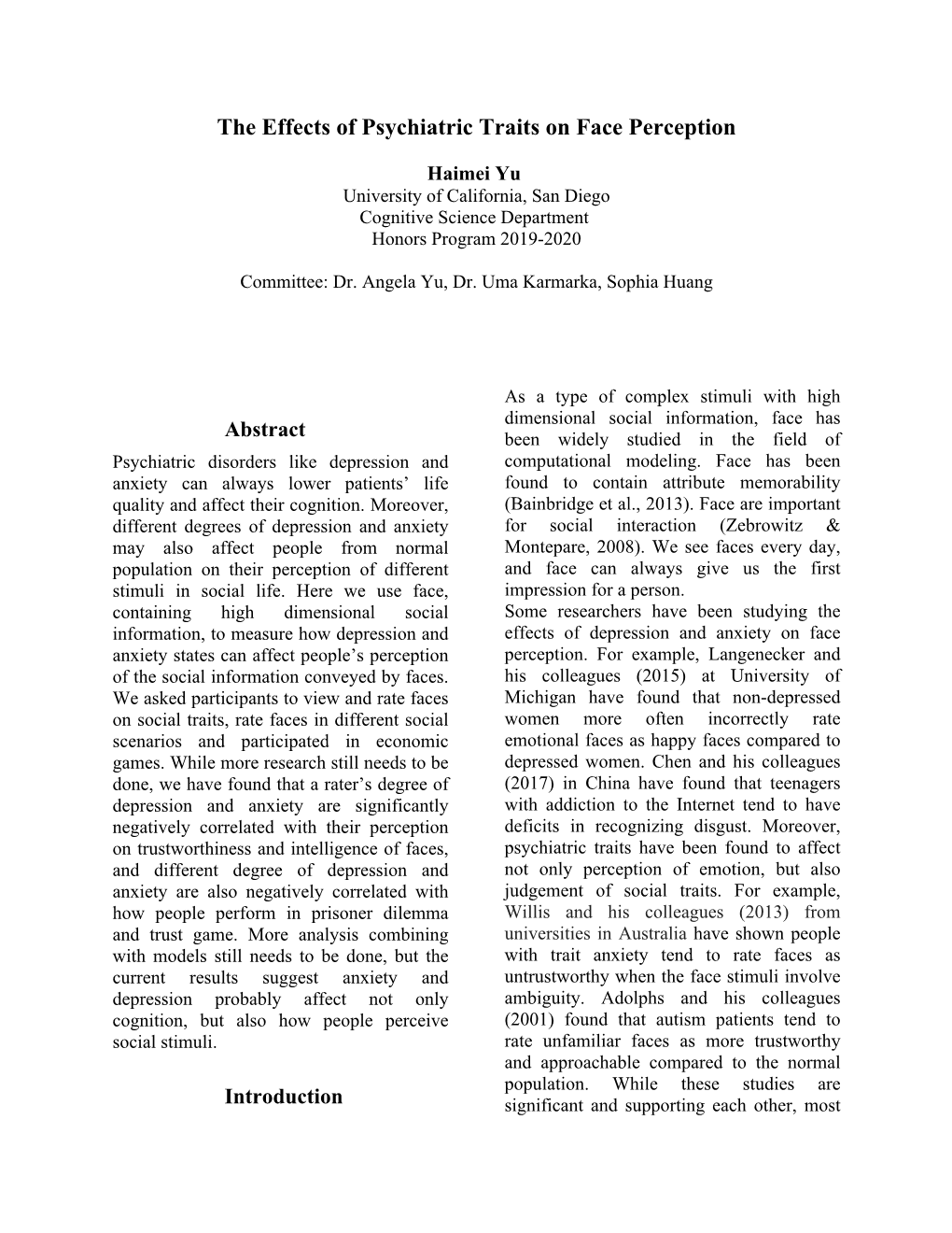 The Effects of Psychiatric Traits on Face Perception