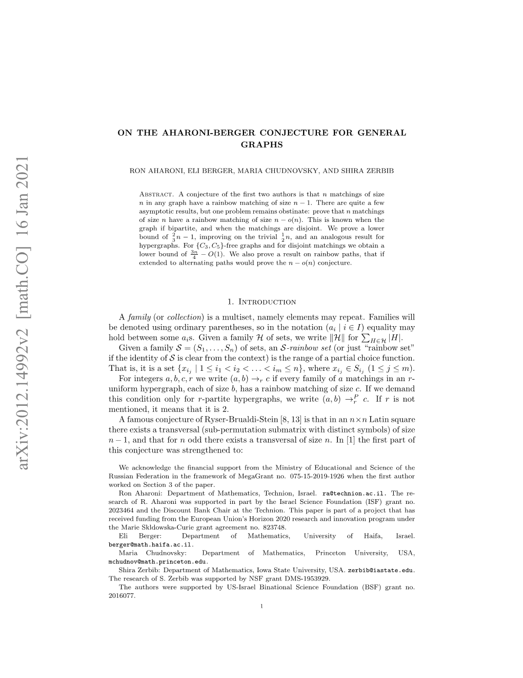 Arxiv:2012.14992V2 [Math.CO] 16 Jan 2021