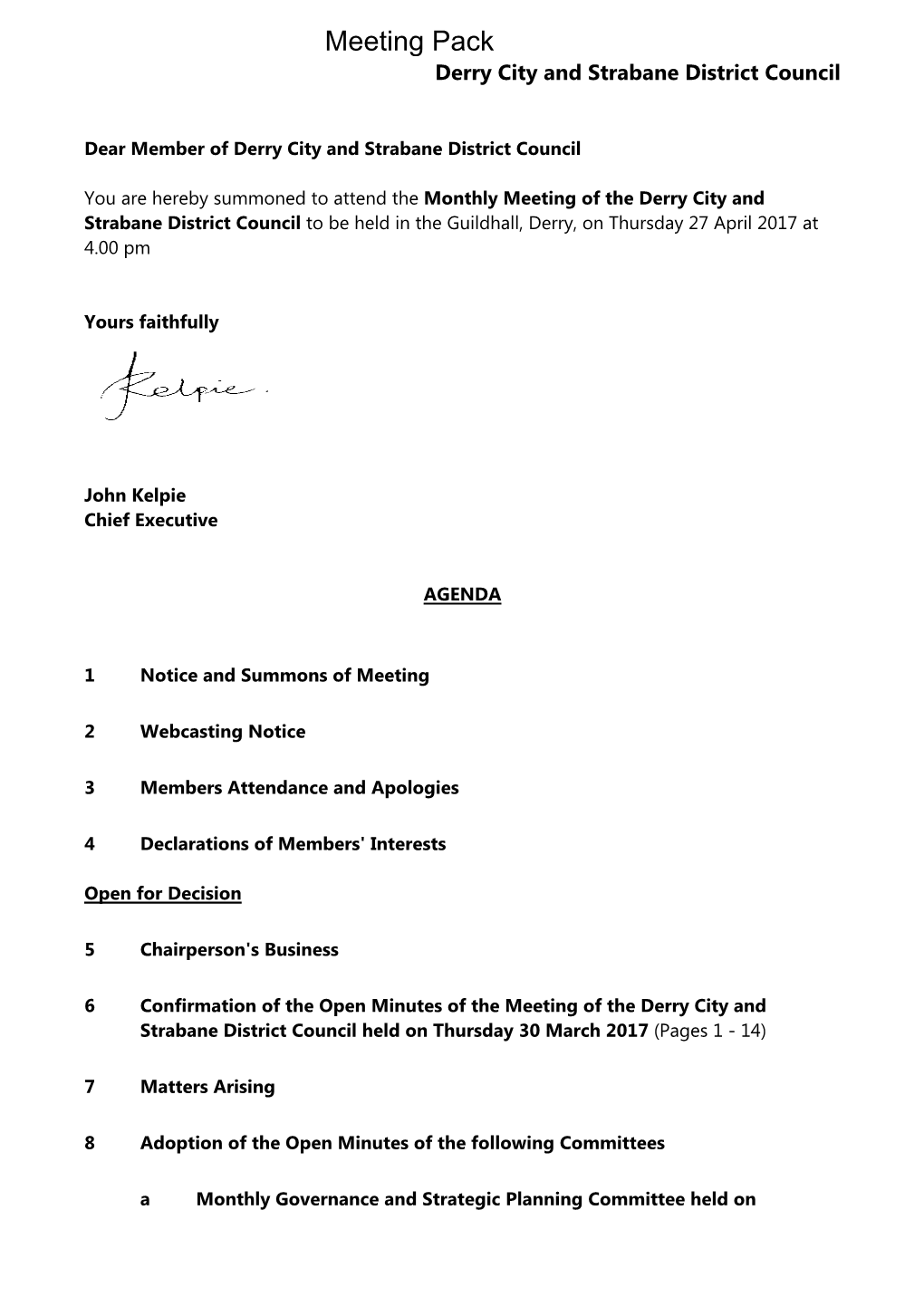 Agenda Document for Derry City and Strabane District Council