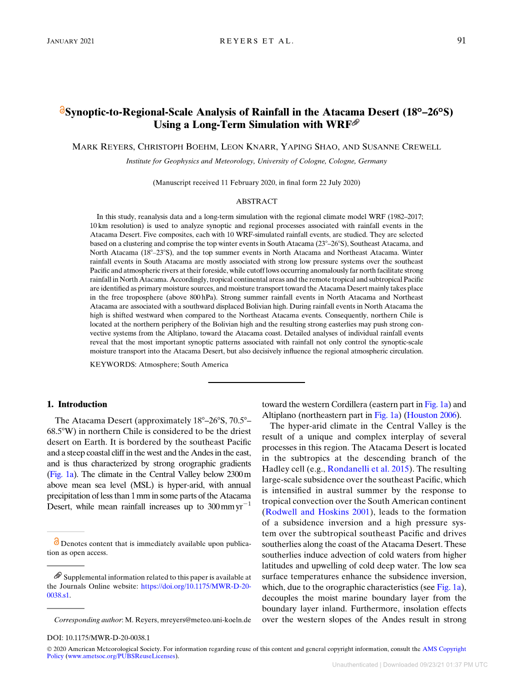 Synoptic-To-Regional-Scale Analysis of Rainfall in the Atacama Desert (18°–26°S) Using a Long-Term Simulation with WRF