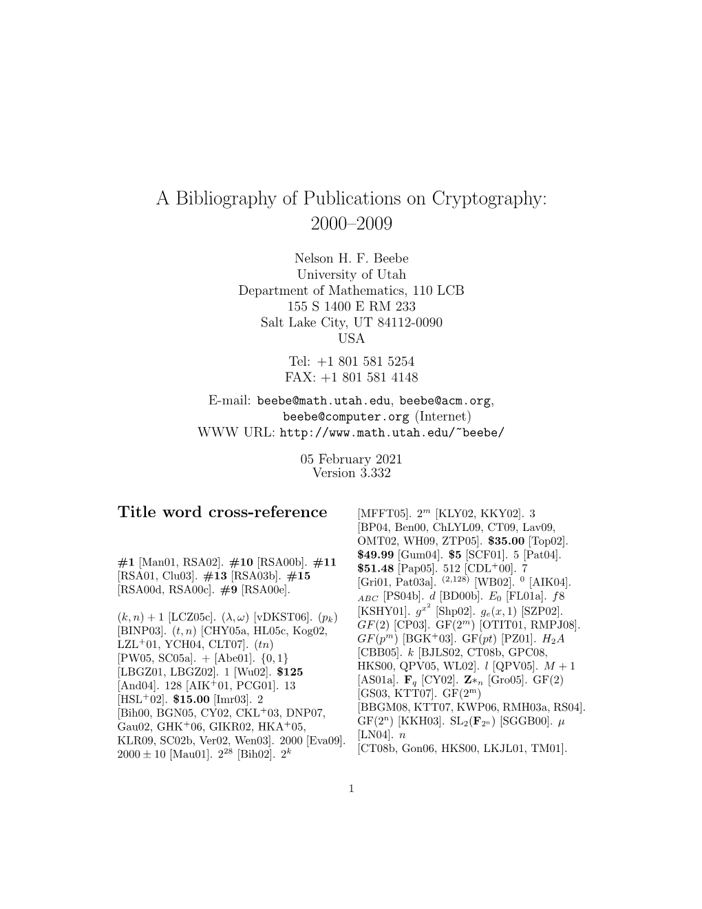 A Bibliography of Publications on Cryptography: 2000–2009