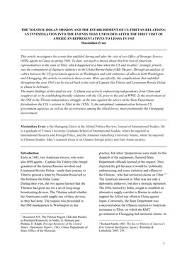 3 the Tolstoy-Dolan Mission and the Establishment of Us-Tibetan Relations: an Investigation Into the Events That Unfolded After