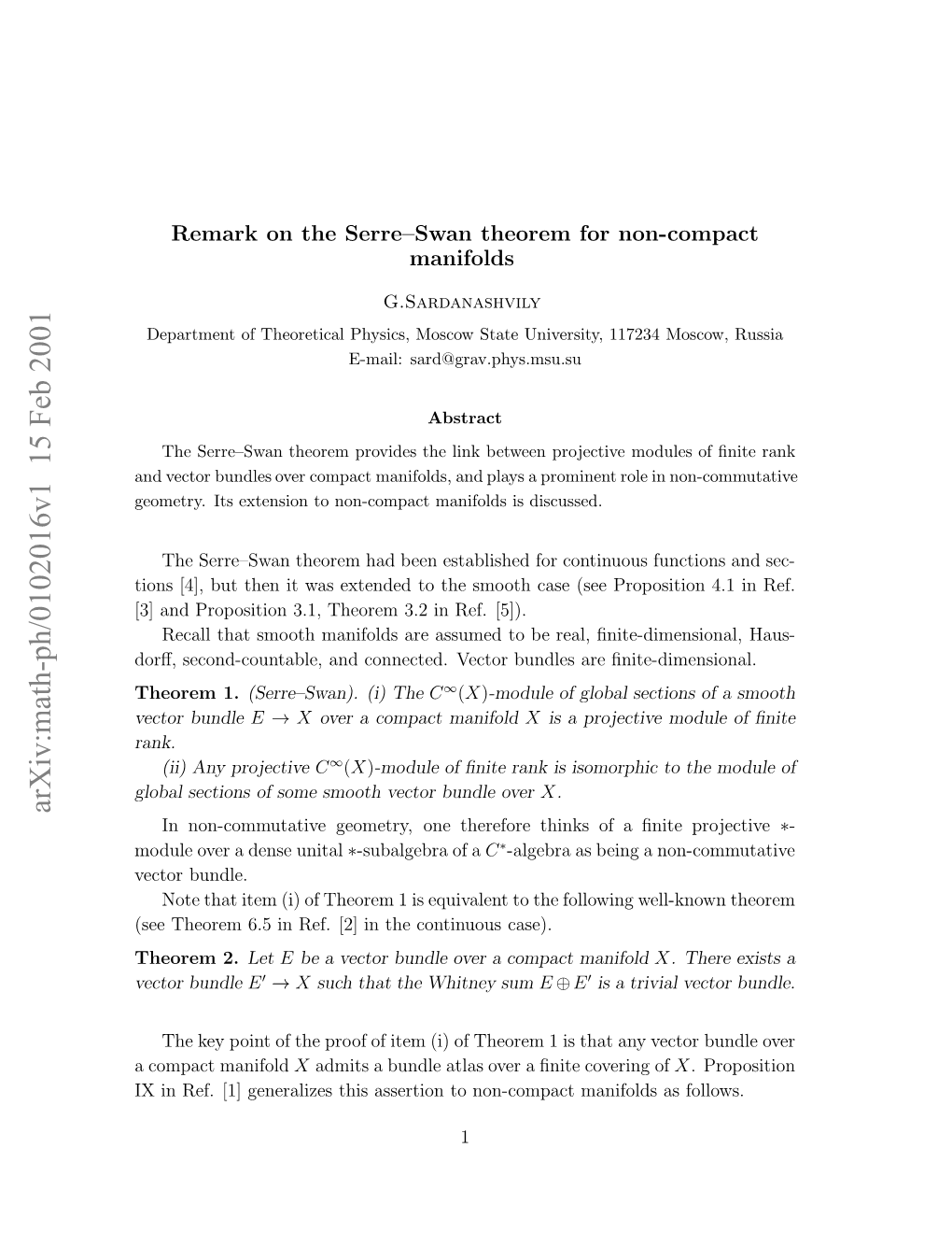 Remark on the Serre-Swan Theorem for Non-Compact Manifolds