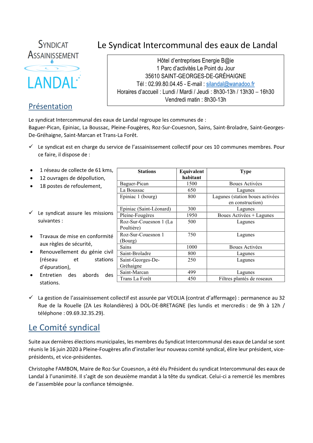 Le Syndicat Intercommunal Des Eaux De Landal Le Comité Syndical