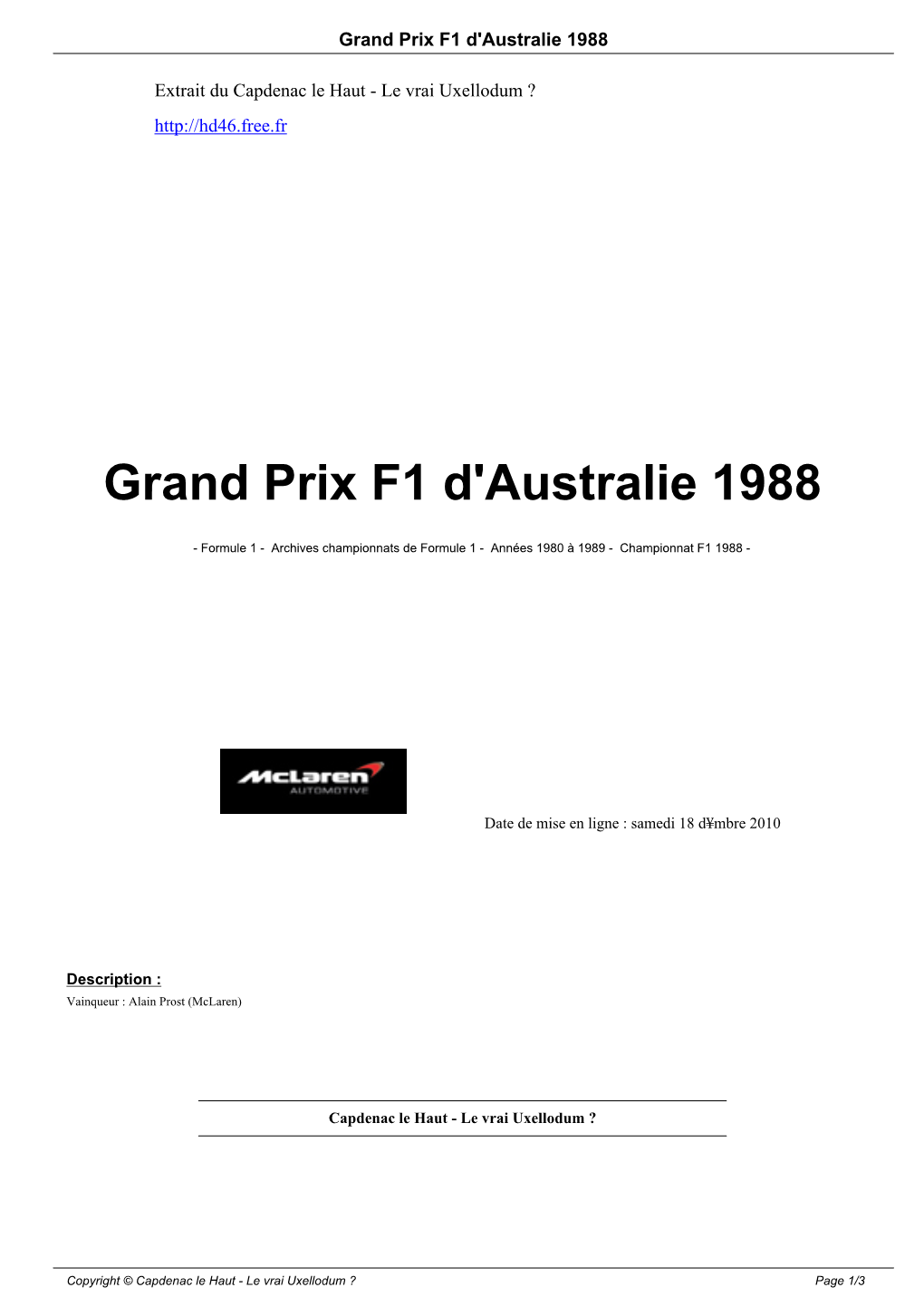 Grand Prix F1 D'australie 1988