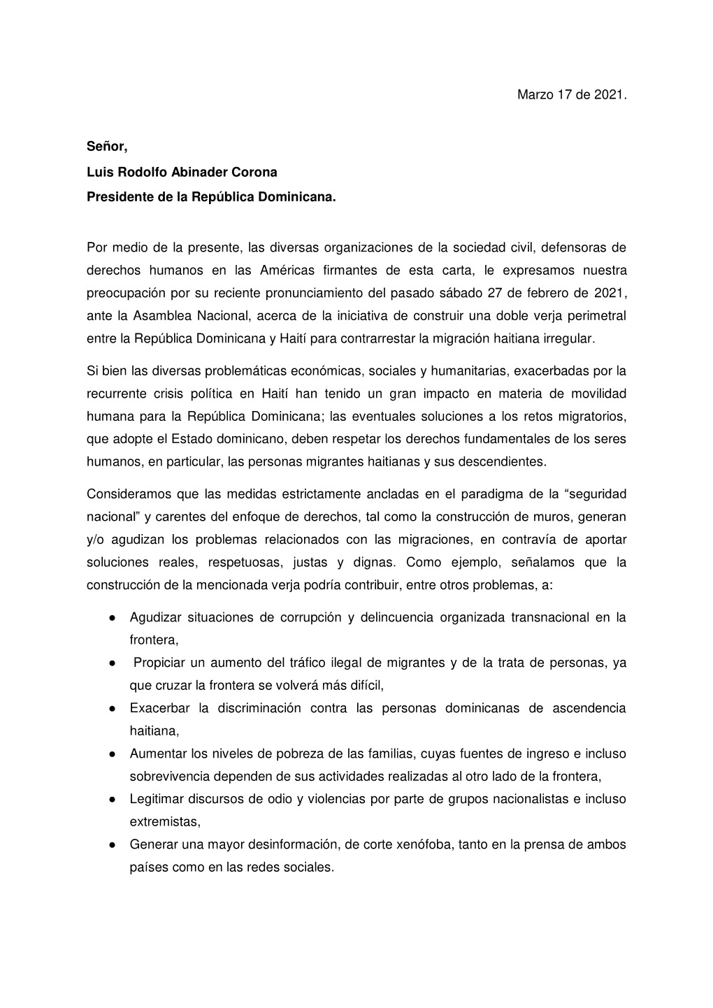 Carta a Luis Rodolfo Abinader Corona, Presidente De La República