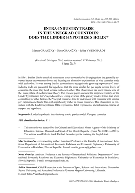 Intra-Industry Trade in the Visegrad Countries: Does the Linder Hypothesis Hold?*