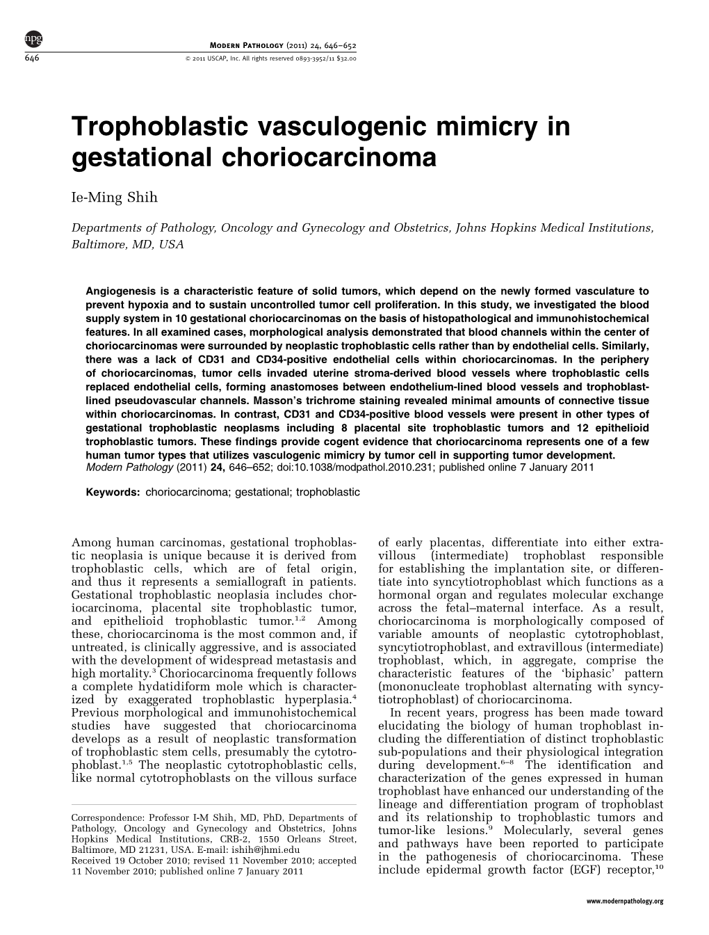 Trophoblastic Vasculogenic Mimicry in Gestational Choriocarcinoma