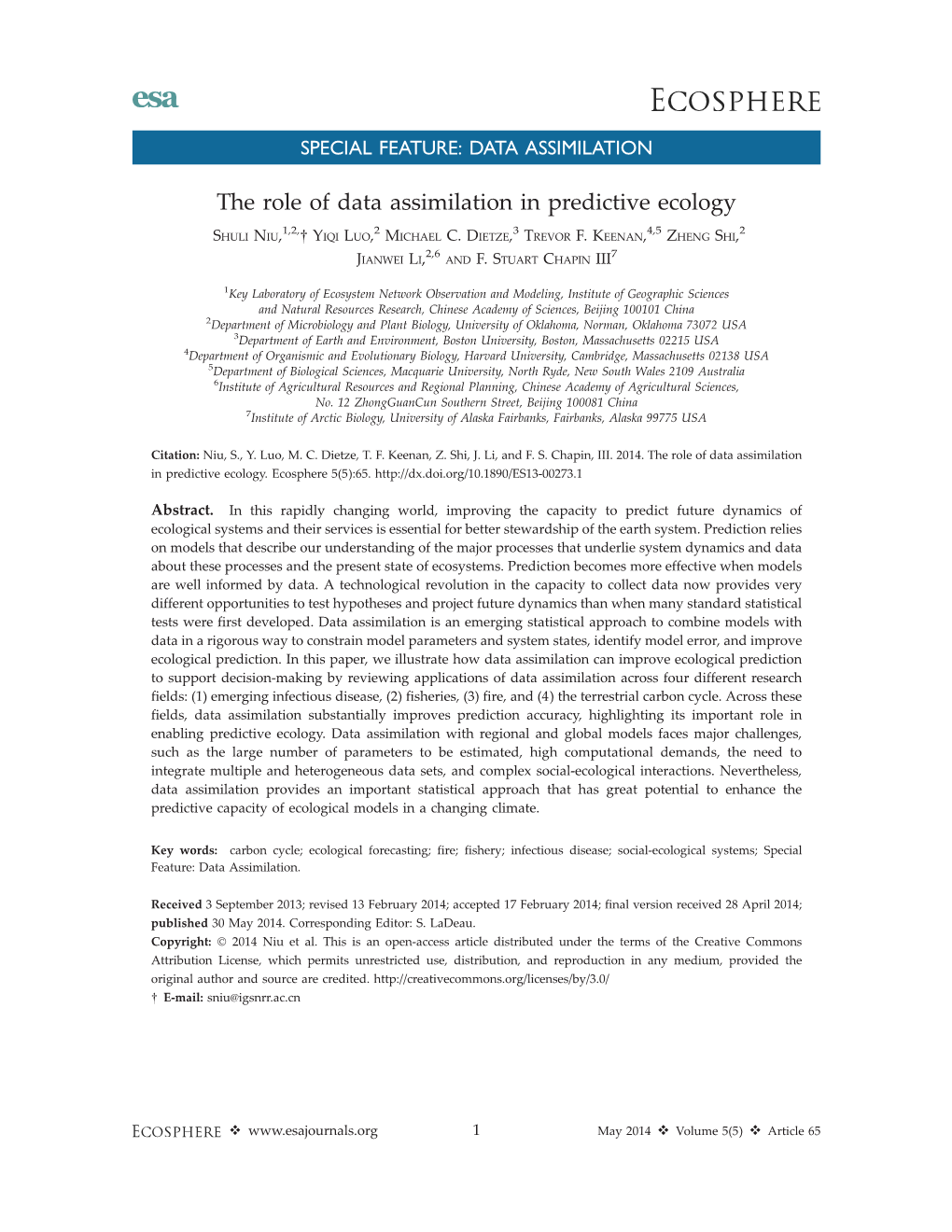 The Role of Data Assimilation in Predictive Ecology. Ecosphere 5 (5