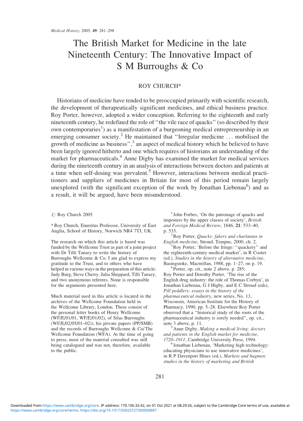 The British Market for Medicine in the Late Nineteenth Century: the Innovative Impact of S M Burroughs & Co