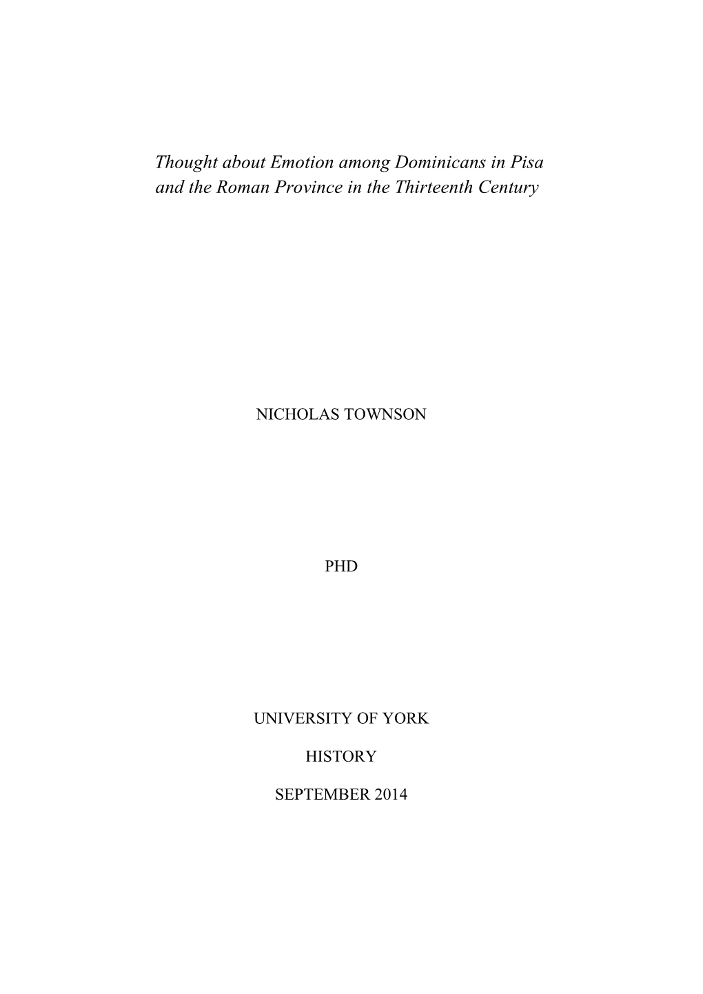 Thought About Emotion Among Dominicans in Pisa and the Roman Province in the Thirteenth Century