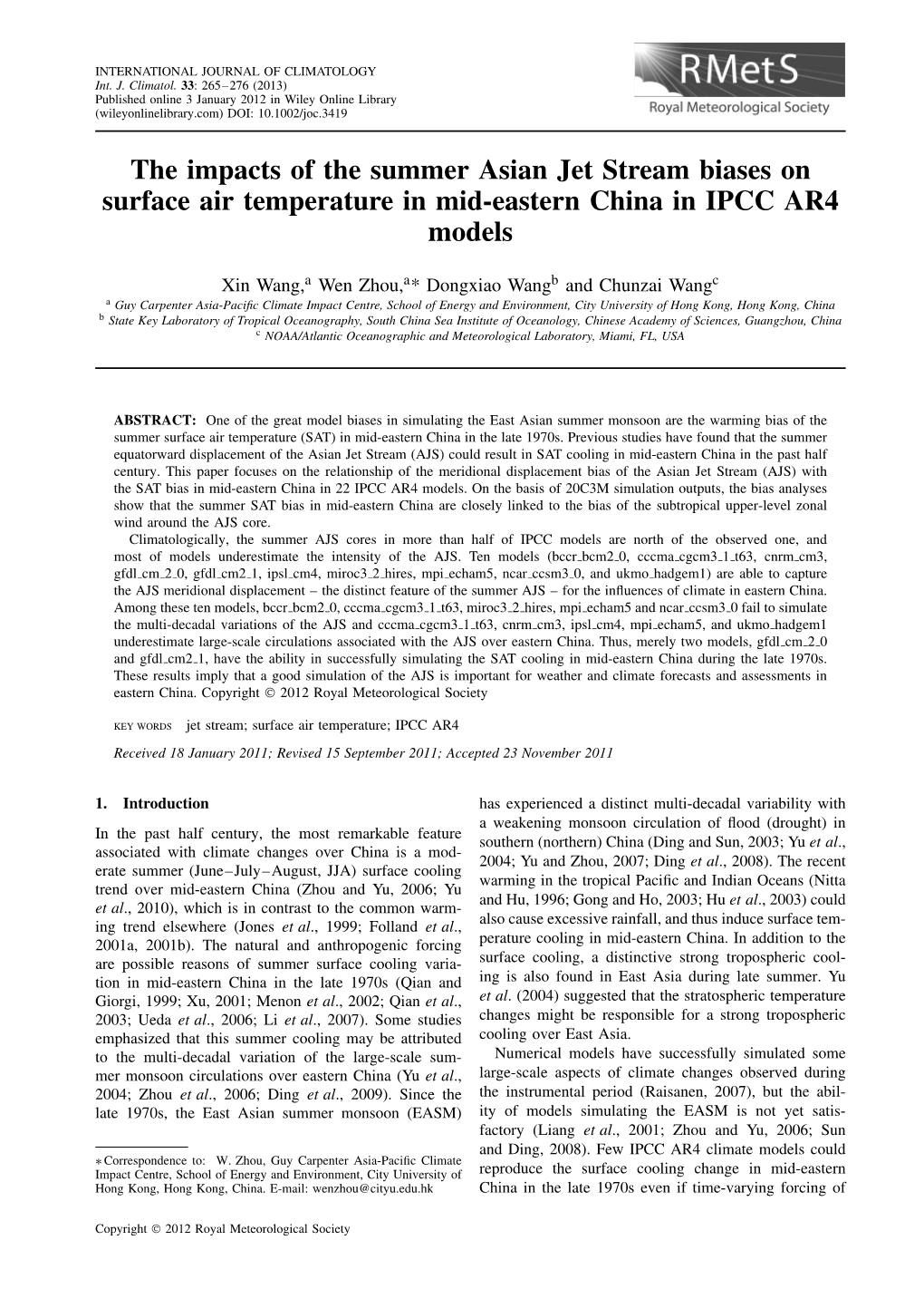 The Impacts of the Summer Asian Jet Stream Biases on Surface Air Temperature in Mid-Eastern China in IPCC AR4 Models