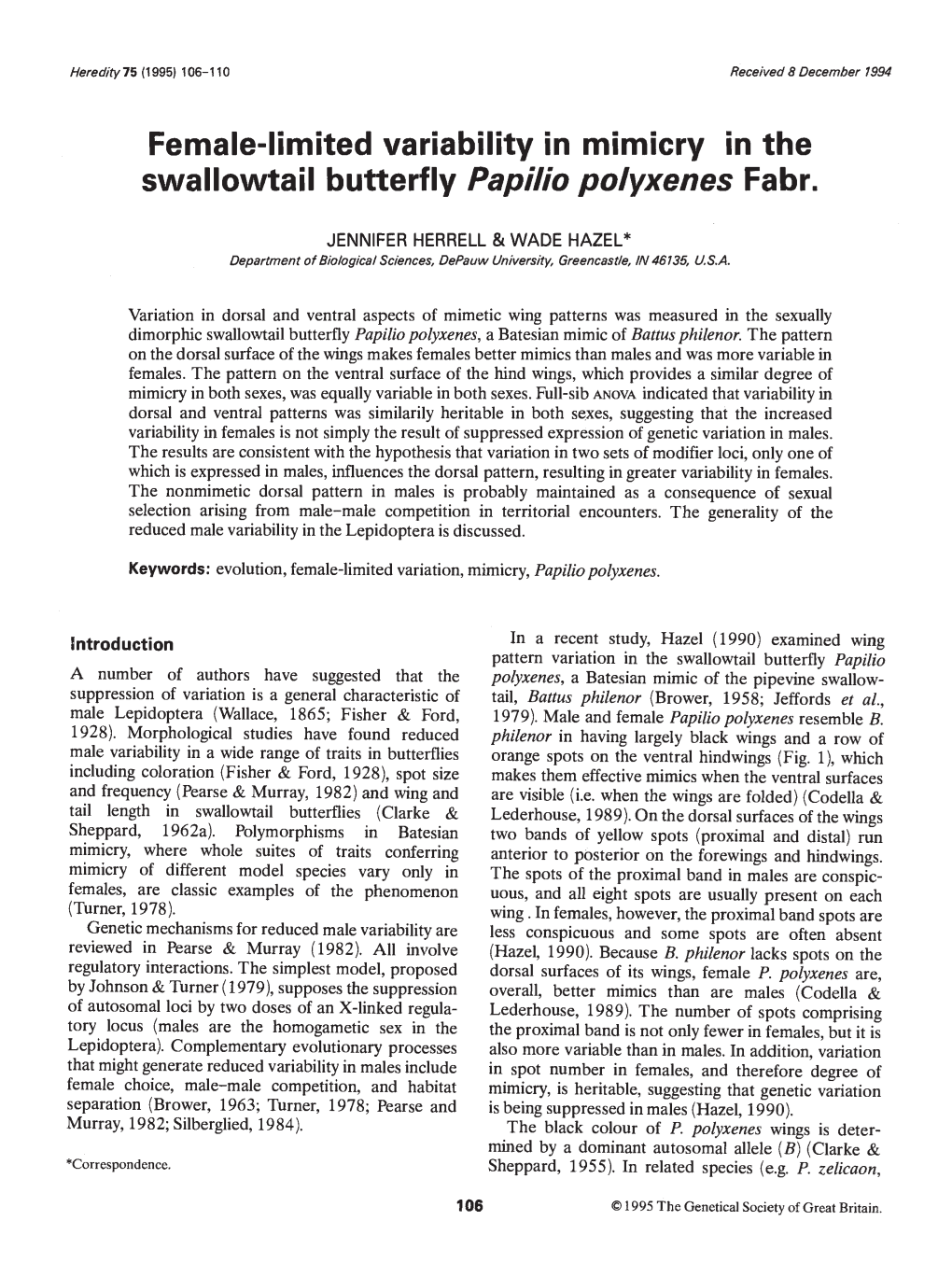 Female-Limited Variability in Mimicry in the Swallowtail Butterfly Papiio Polyxenes Fabr