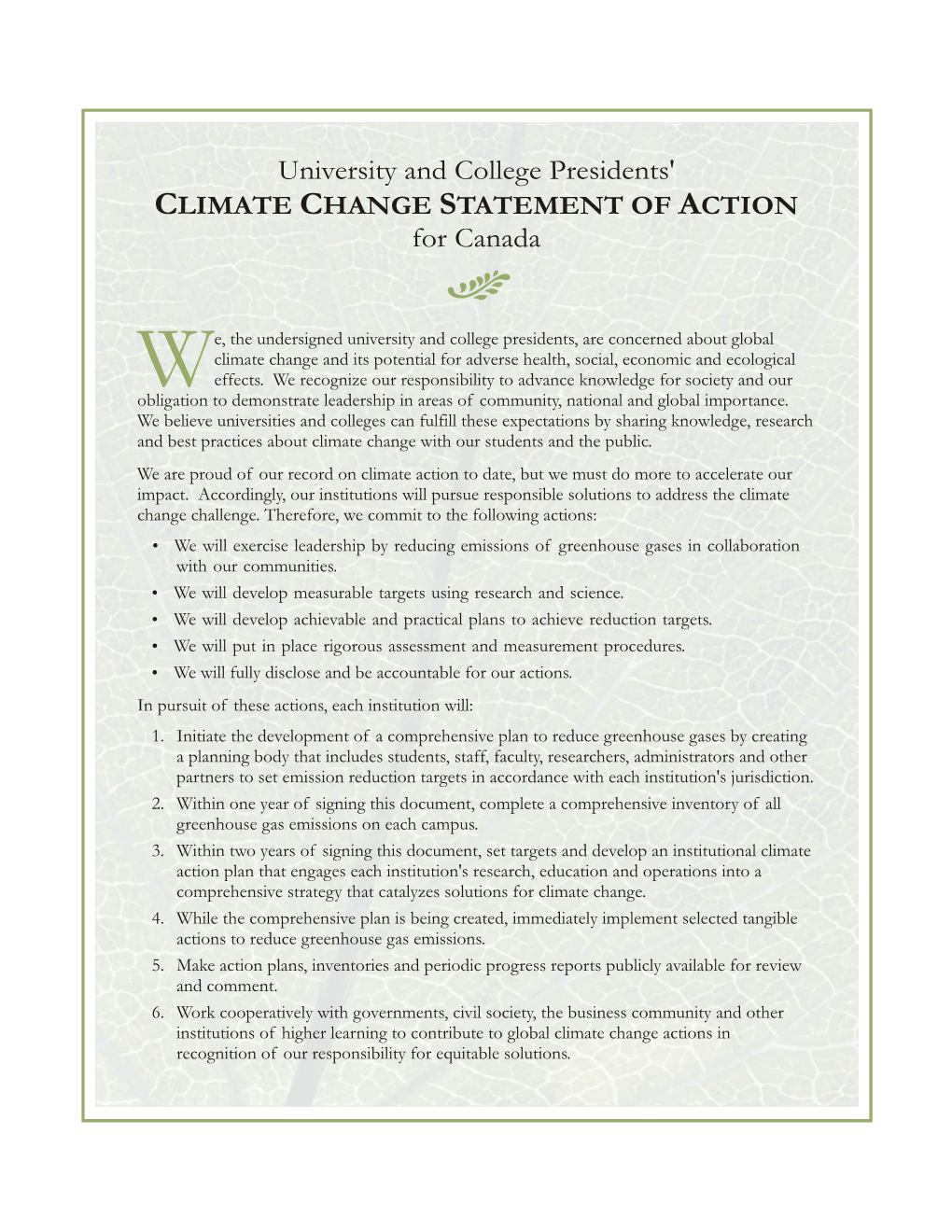 CLIMATE CHANGE STATEMENT of ACTION for Canada