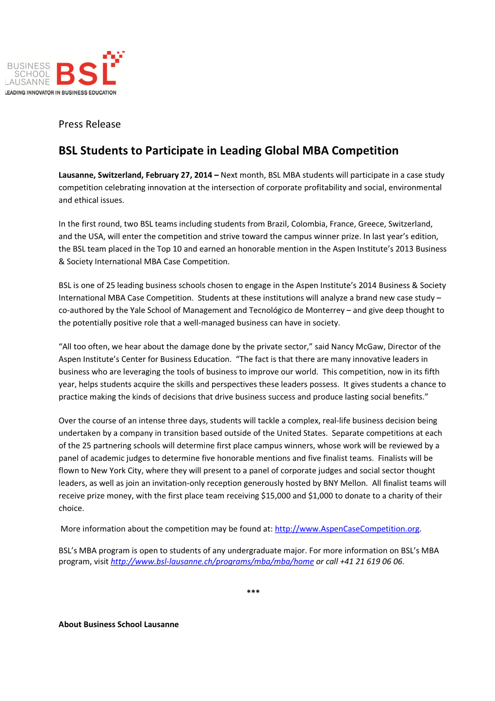 BSL Students to Participate in Leading Global MBA Competition