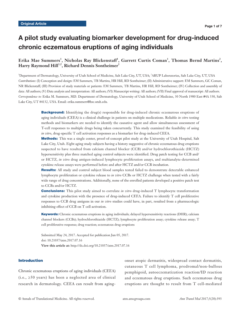 A Pilot Study Evaluating Biomarker Development for Drug-Induced Chronic Eczematous Eruptions of Aging Individuals