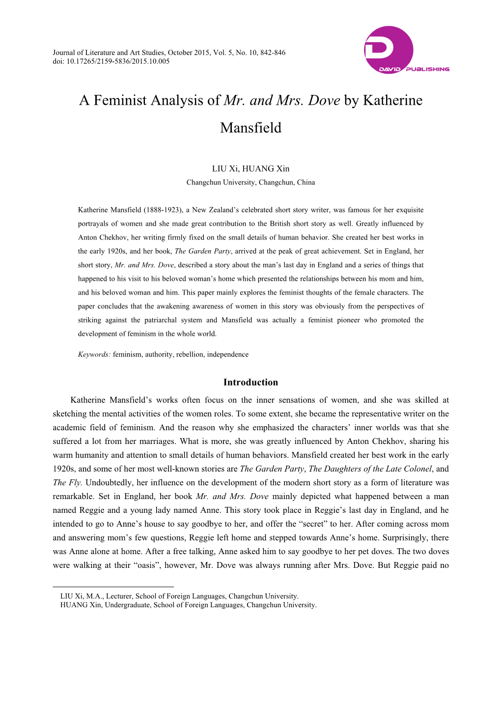 A Feminist Analysis of Mr. and Mrs. Dove by Katherine Mansfield