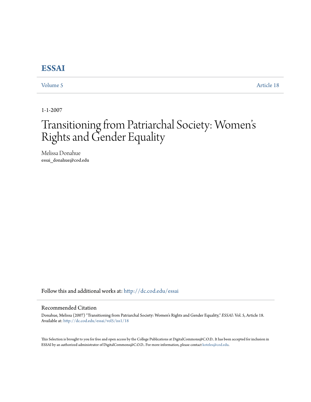 Transitioning from Patriarchal Society: Women’S Rights and Gender Equality Melissa Donahue Essai Donahue@Cod.Edu