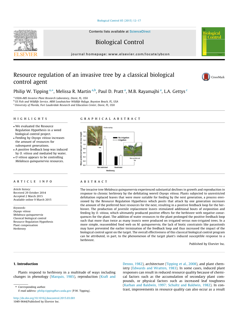 Resource Regulation of an Invasive Tree by a Classical Biological Control Agent ⇑ Philip W