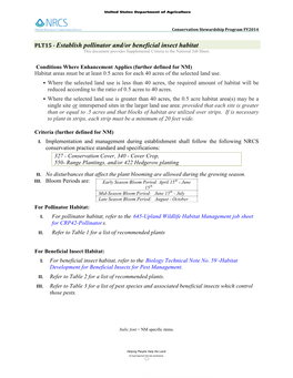 PLT15 - Establish Pollinator And/Or Beneficial Insect Habitat This Document Provides Supplemental Criteria to the National Job Sheet