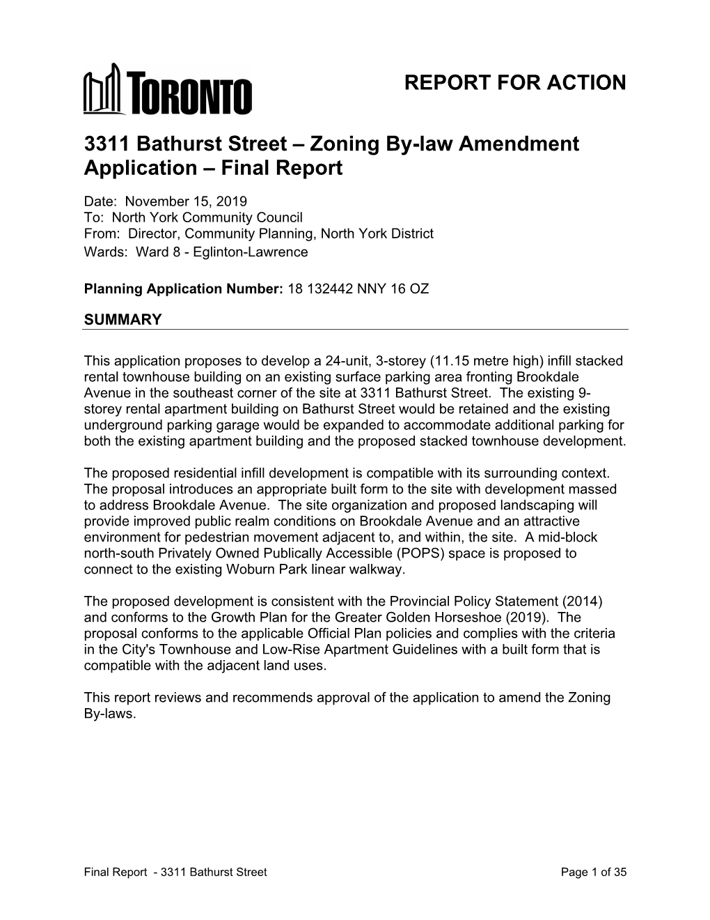 3311 Bathurst Street – Zoning By-Law Amendment Application – Final Report