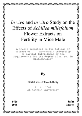 In Vivo and in Vitro Study on the Effects of Achillea Millefolium Flower Extracts on Fertility in Mice Male