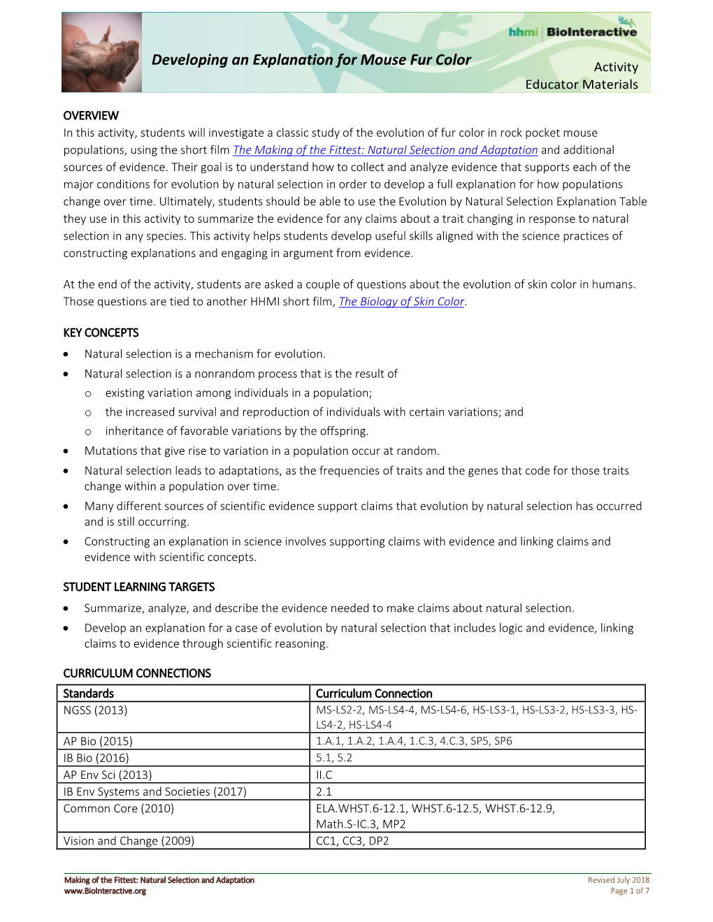 Developing an Explanation for Mouse Fur Color Activity Educator Materials