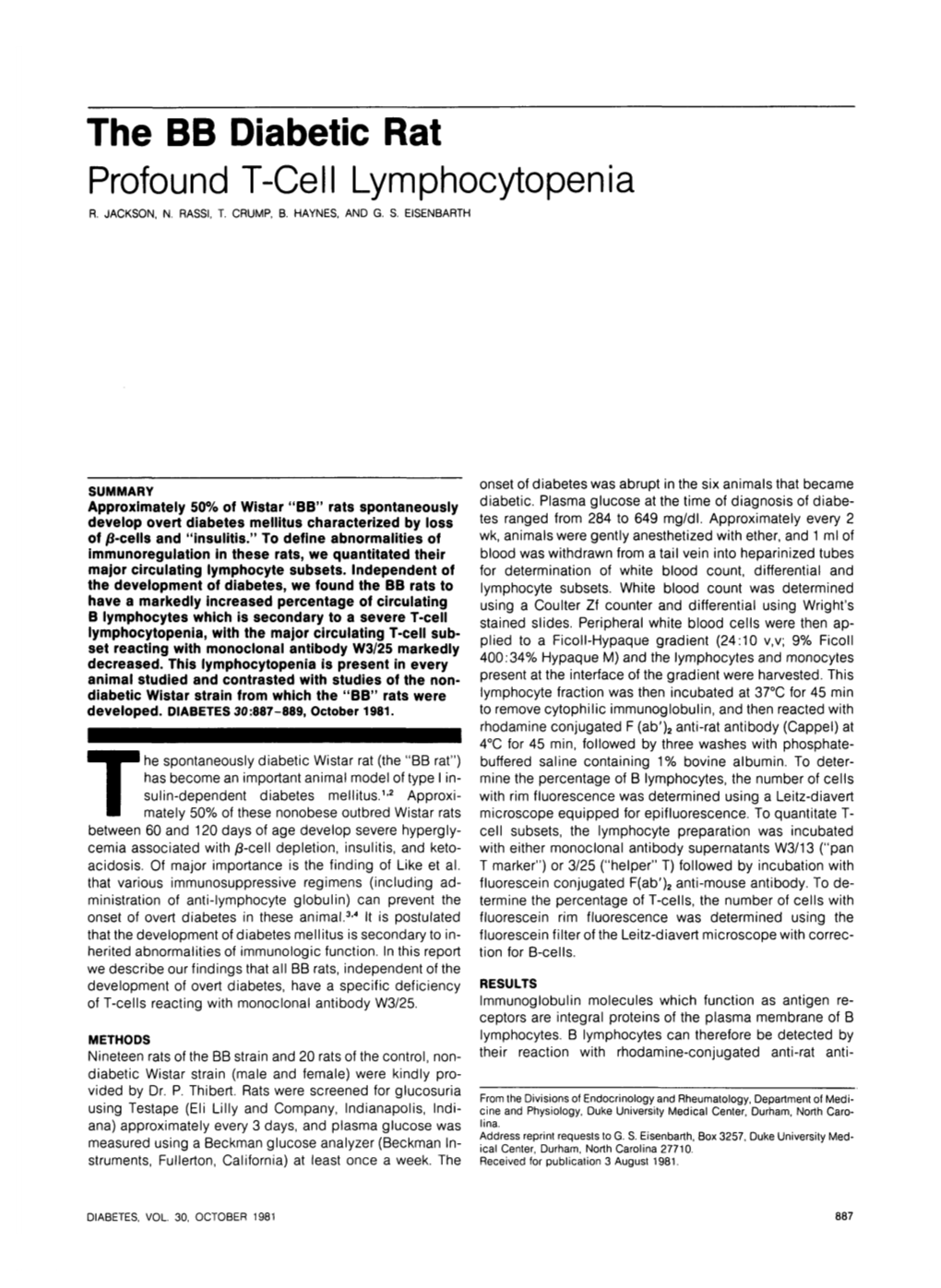 The BB Diabetic Rat Profound T-Cell Lymphocytopenia R