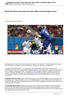 World Cup 2014, Great Start for Italy. Make Us Dream Again, Guys! Published on Iitaly.Org (
