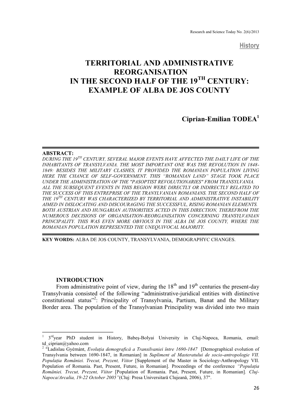 Territorial and Administrative Reorganisation in the Second Half of the 19Th Century: Example of Alba De Jos County