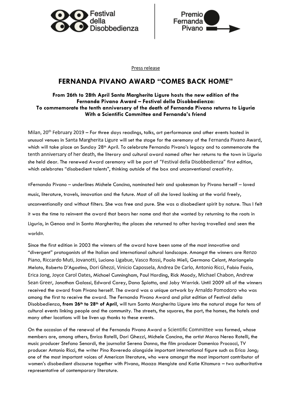 Fernanda Pivano Award “Comes Back Home”