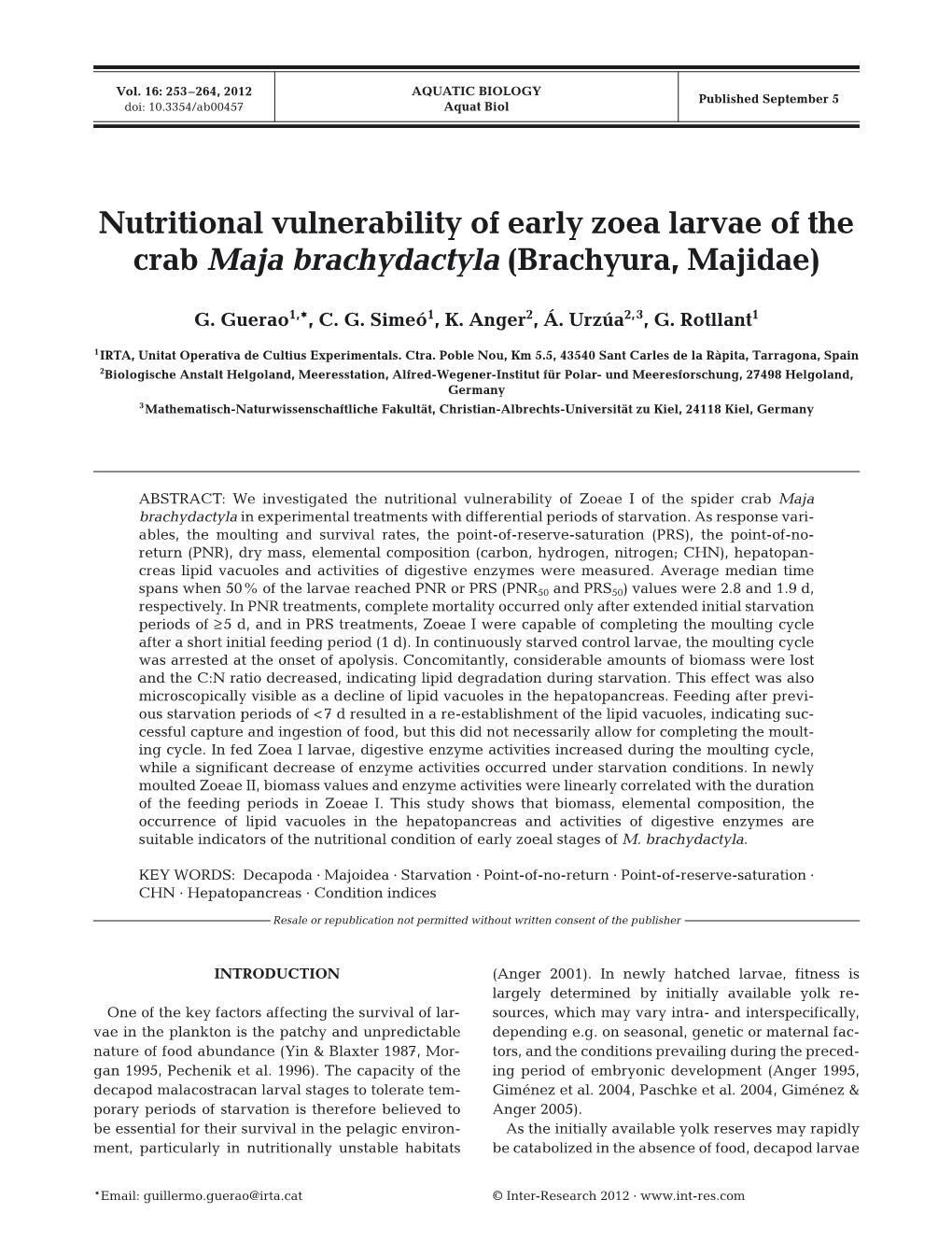 Nutritional Vulnerability of Early Zoea Larvae of the Crab Maja Brachydactyla (Brachyura, Majidae)