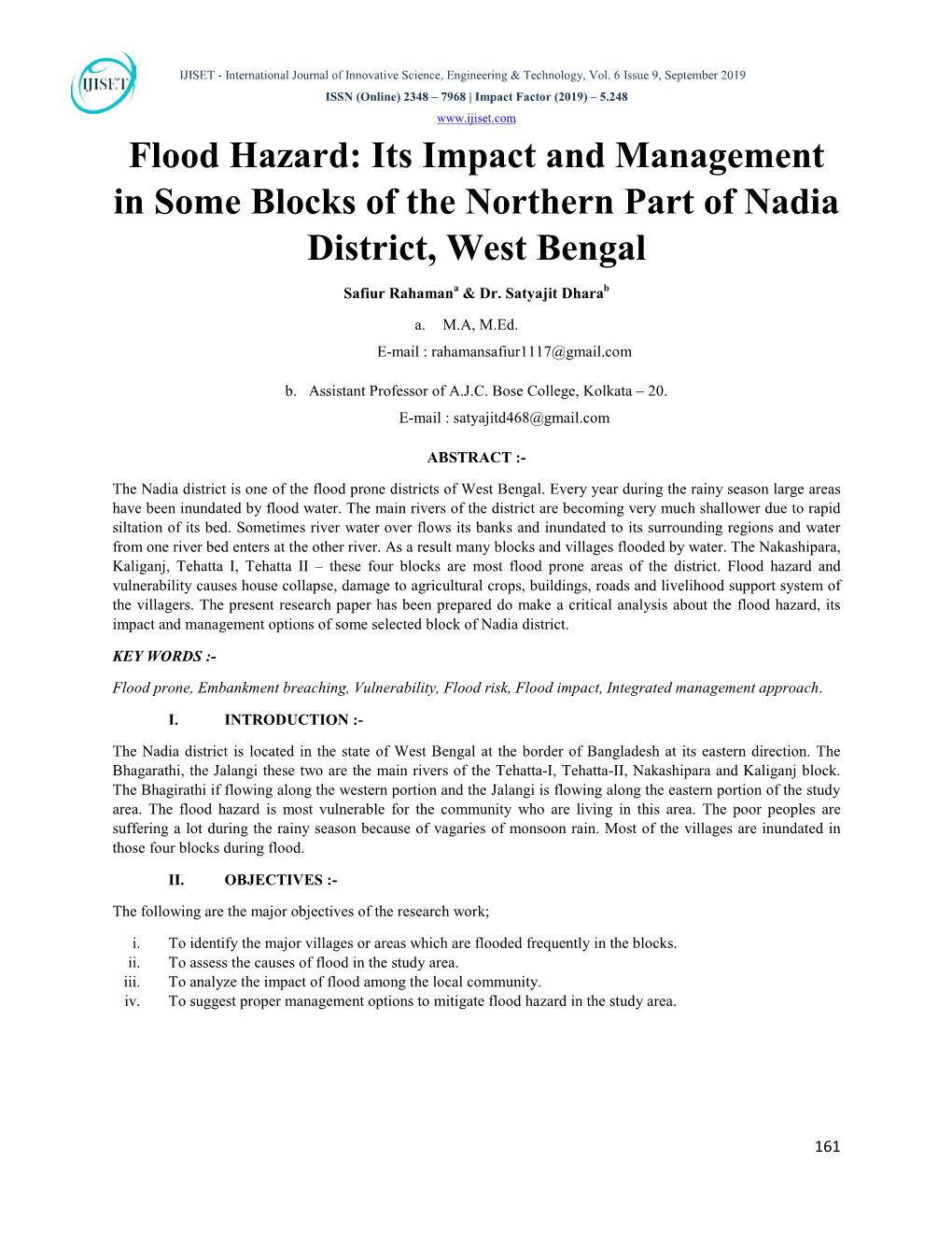 Flood Hazard: Its Impact and Management in Some Blocks of the Northern Part of Nadia District, West Bengal