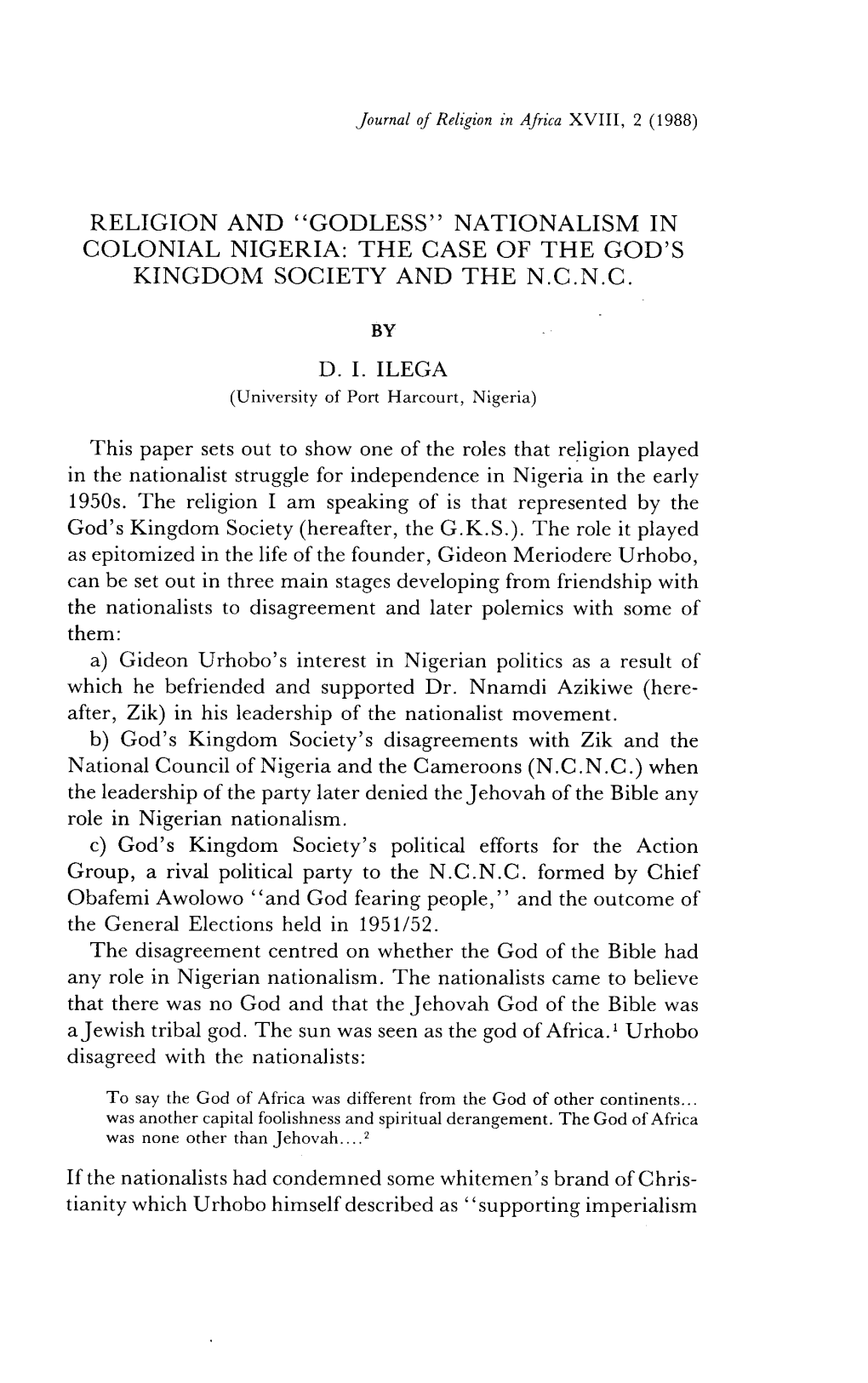 Nationalism in Colonial Nigeria: the Case of the God's Kingdom Society and the N.C.N.C
