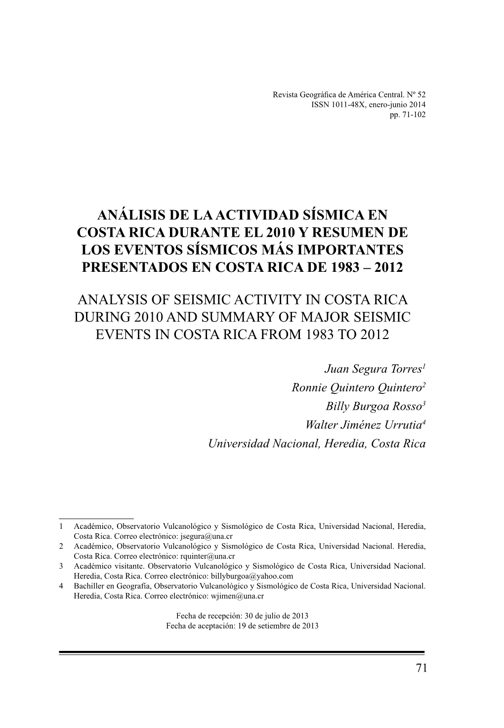 Análisis De La Actividad Sísmica En Costa Rica Durante El 2010 Y Resumen De Los Eventos Sísmicos Más Importantes Presentados En Costa Rica De 1983 – 2012