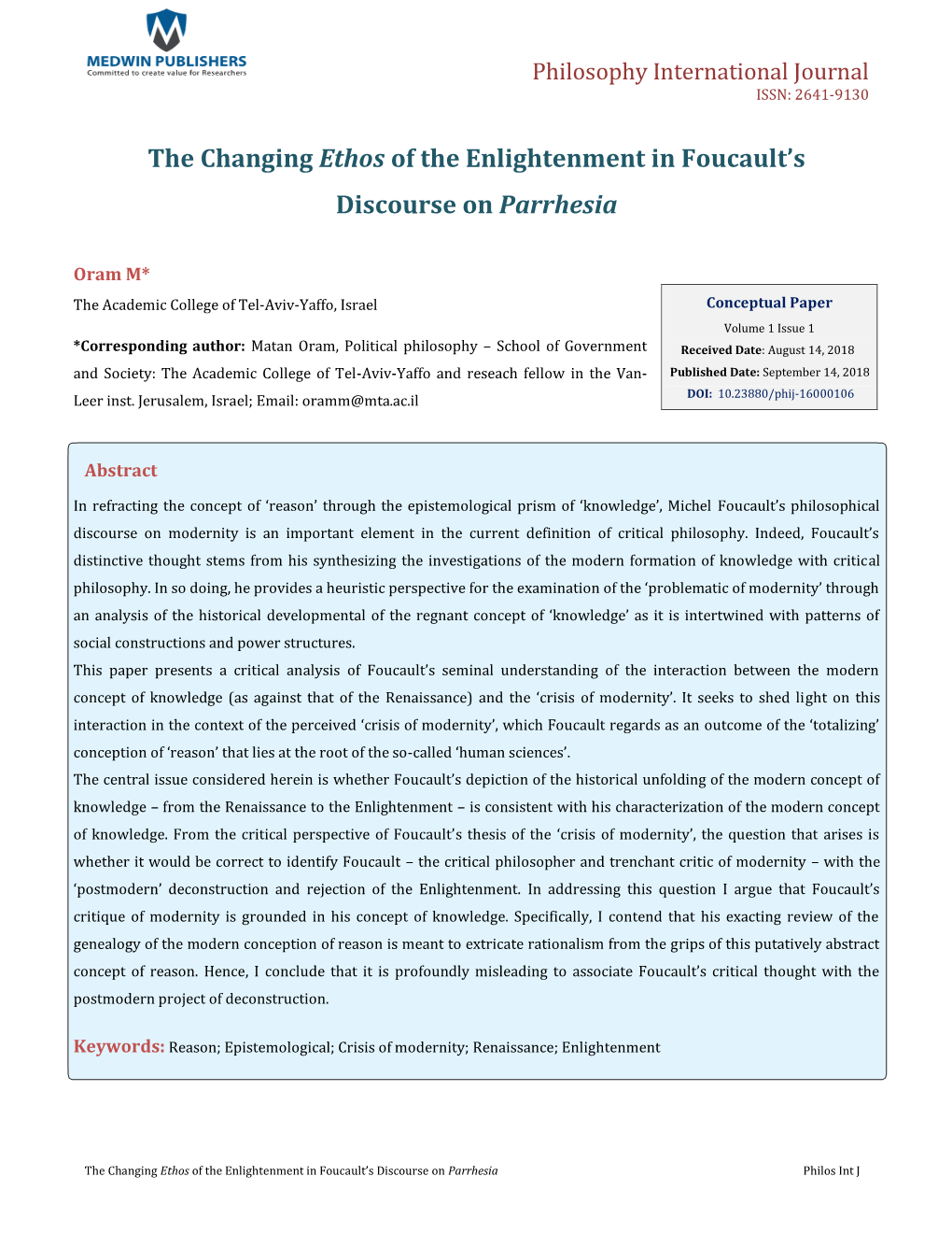 Oram M. the Changing Ethos of the Enlightenment in Foucault's