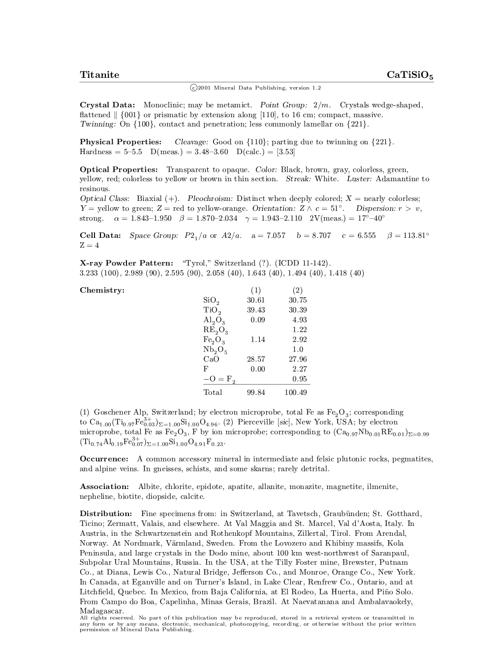 Titanite Catisio5 C 2001 Mineral Data Publishing, Version 1.2 ° Crystal Data: Monoclinic; May Be Metamict