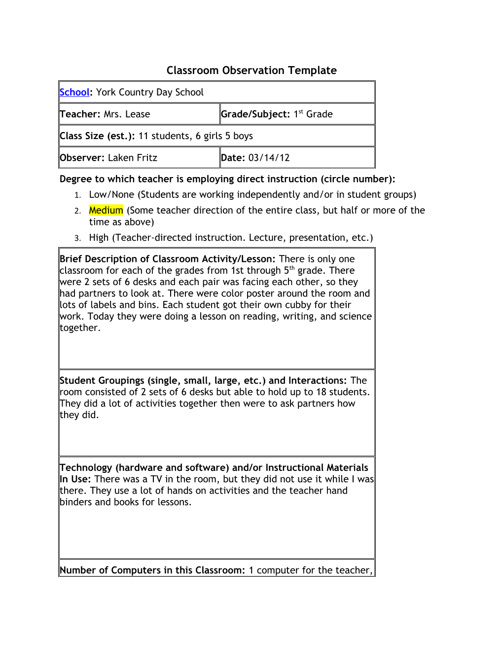 Degree to Which Teacher Is Employing Direct Instruction (Circle Number)