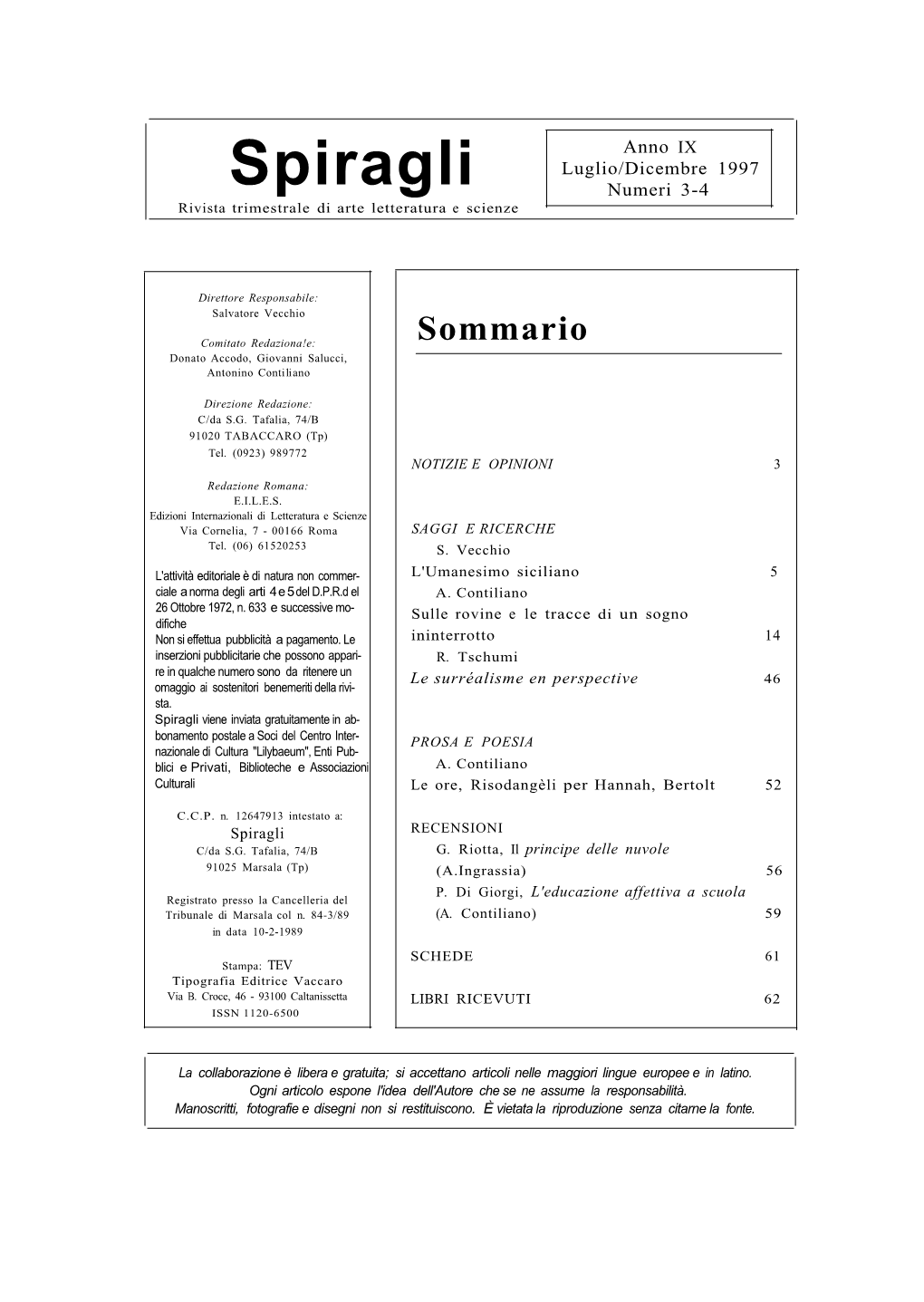 Spiragli Numeri 3-4 Rivista Trimestrale Di Arte Letteratura E Scienze