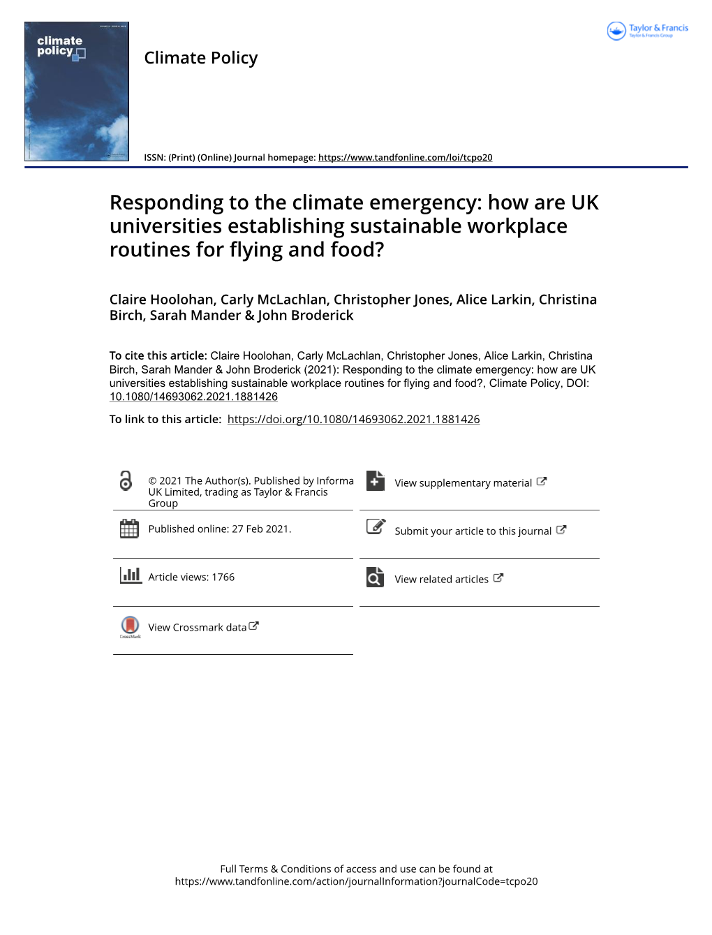 Responding to the Climate Emergency: How Are UK Universities Establishing Sustainable Workplace Routines for Flying and Food?