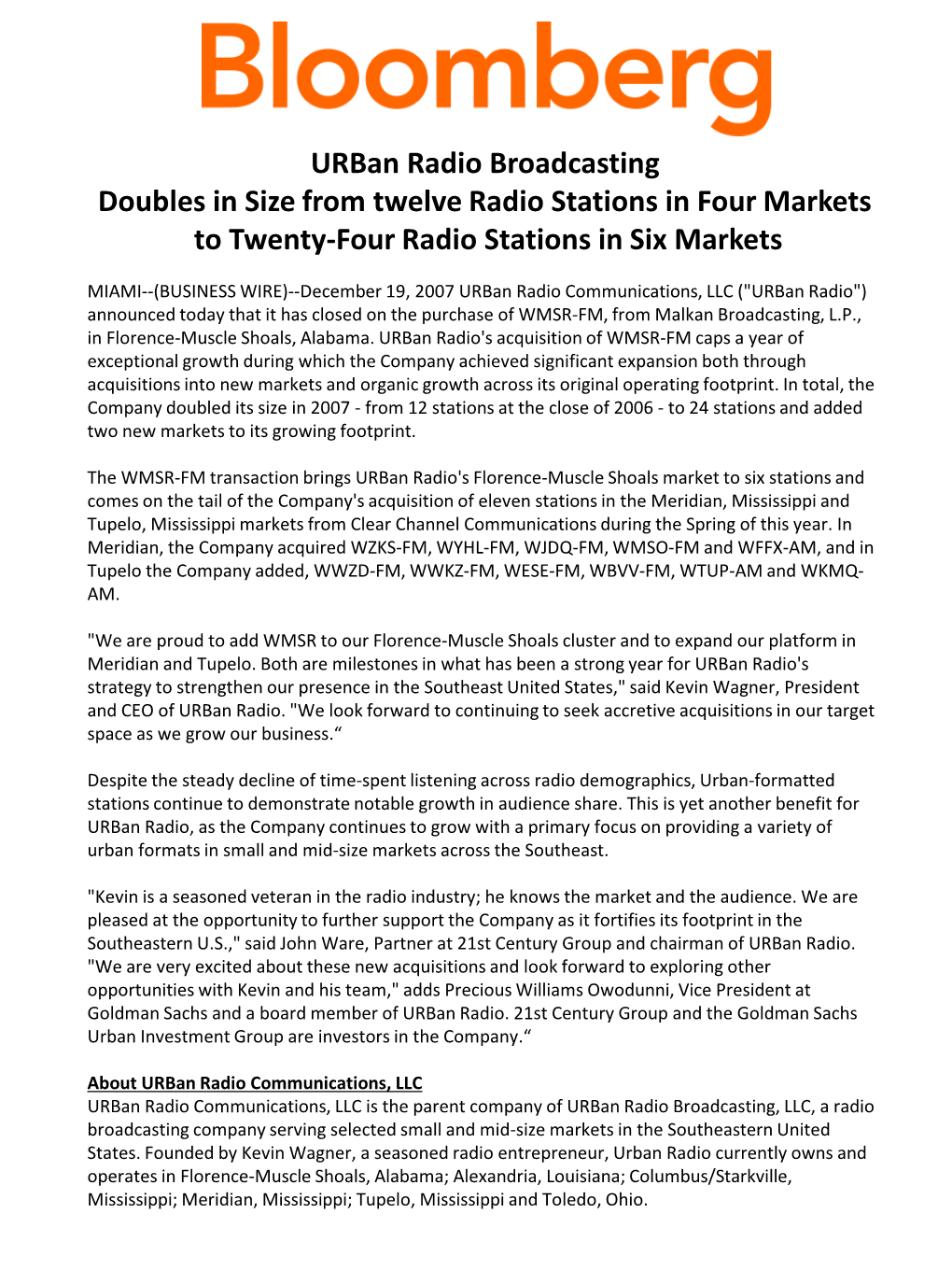 Urban Radio Broadcasting Doubles in Size from Twelve Radio Stations in Four Markets to Twenty-Four Radio Stations in Six Markets