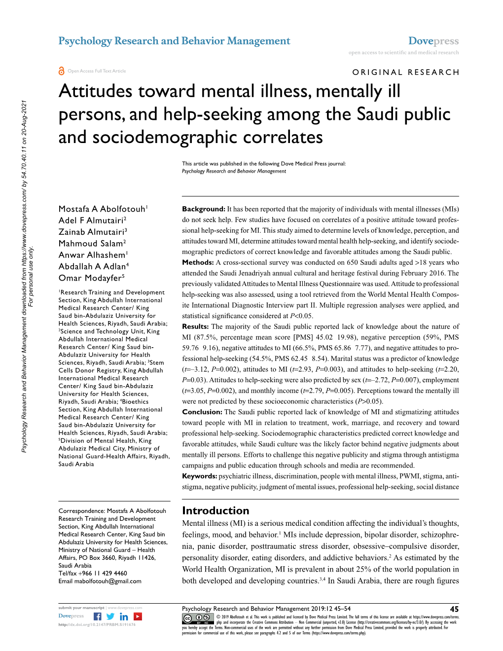 Attitudes Toward Mental Illness, Mentally Ill Persons, and Help-Seeking Among the Saudi Public and Sociodemographic Correlates
