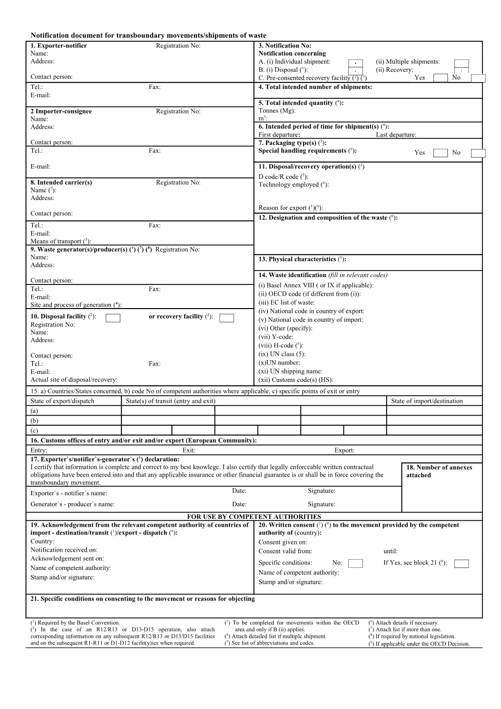 Notification Document for Transboundary Movements/Shipments of Waste