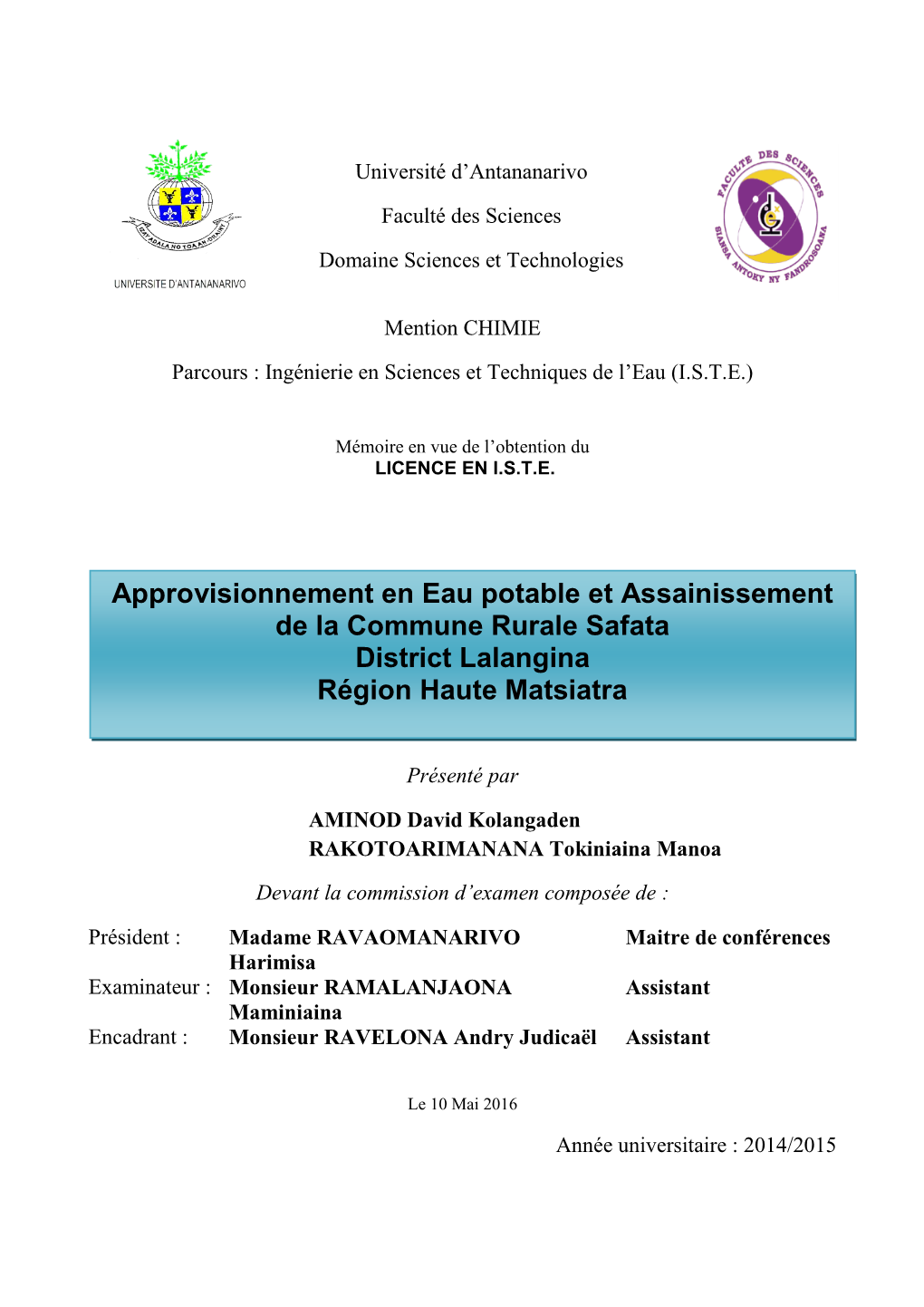 Approvisionnement En Eau Potable Et Assainissement De La Commune Rurale Safata District Lalangina Région Haute Matsiatra