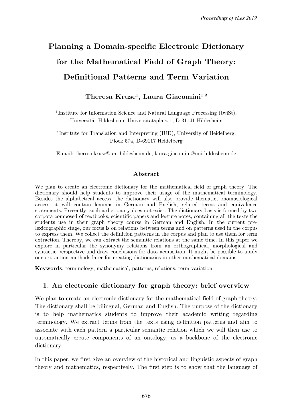 Planning a Domain-Specific Electronic Dictionary for the Mathematical Field of Graph Theory: Definitional Patterns and Term Variation