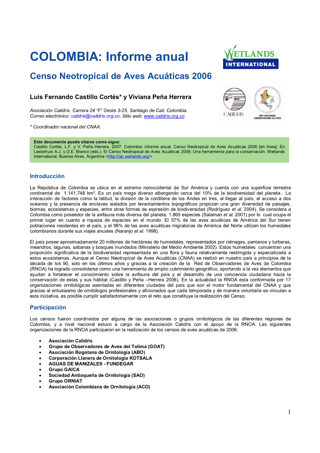 COLOMBIA: Informe Anual Censo Neotropical De Aves Acuáticas 2006