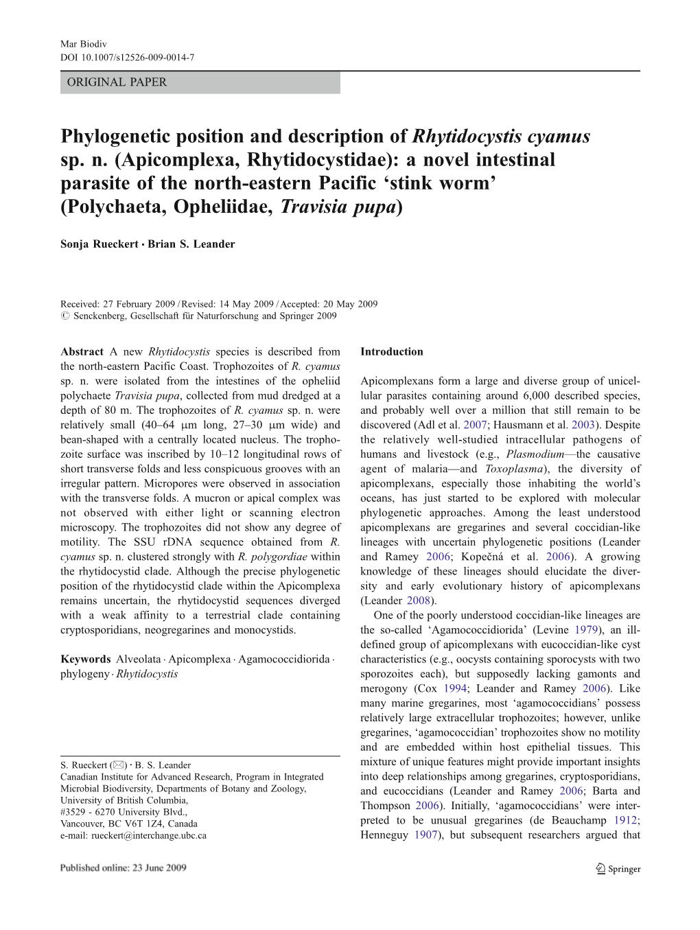 Phylogenetic Position and Description of Rhytidocystis Cyamus Sp. N